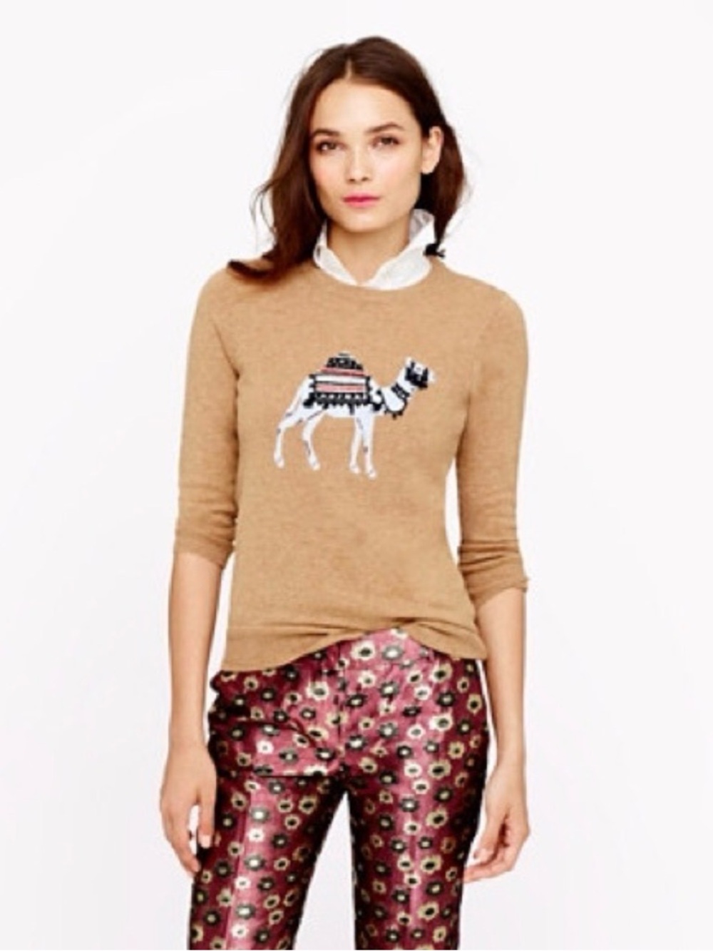 J. Crew Camel Cashmere-Blend Crewneck Sweater